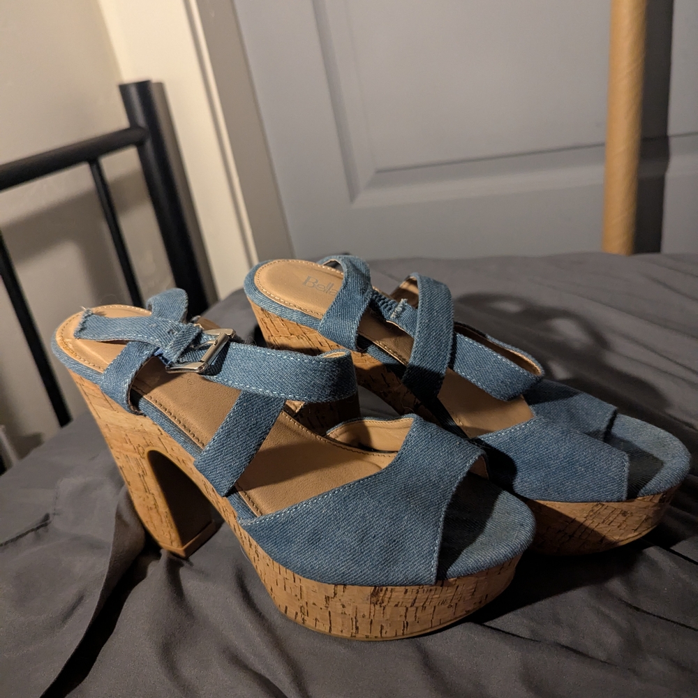 Denim Platform Sandals with Cork Heel